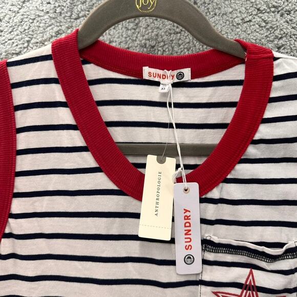 Anthropologie Sundrey NWT XS Optic White With Navy Stripe Tank Star Pocket Red - Picture 3 of 9